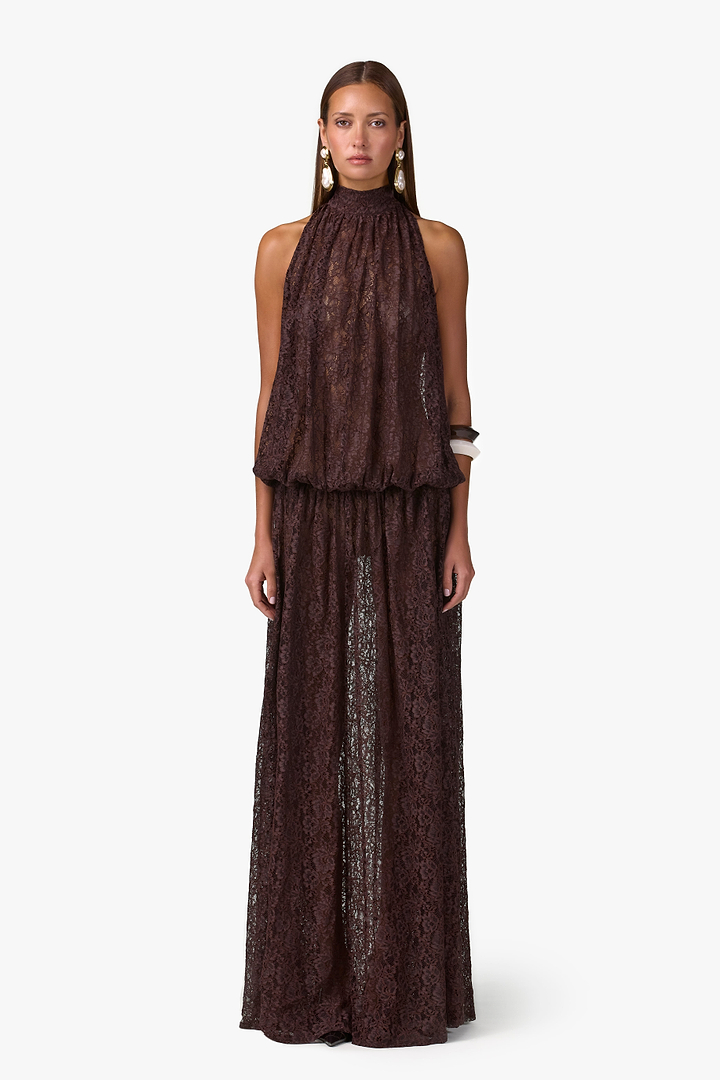 Drop Waist Lace Gown (Chocolate Brown)
