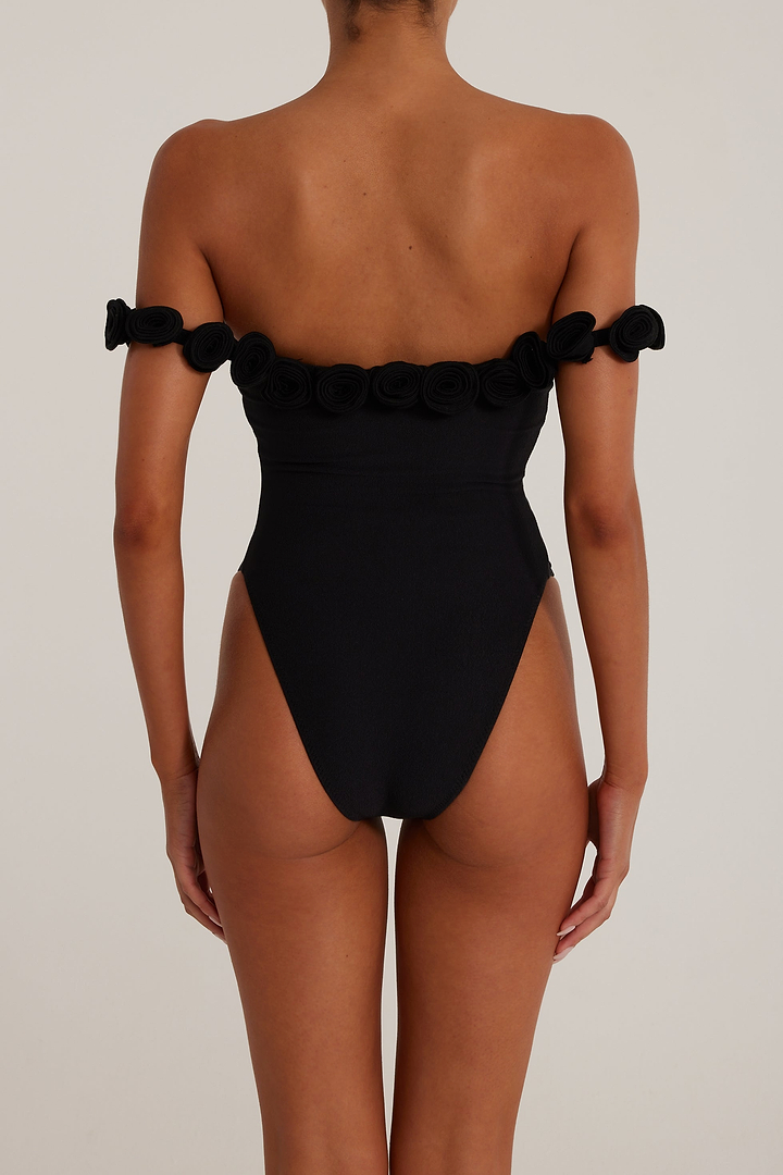 Rosette Off Shoulder One Piece (Faux Suede Black/Black)