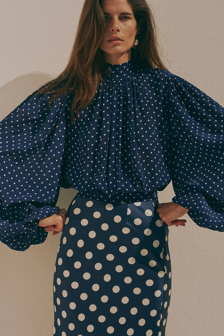 Draped Sleeve Chiffon Top (Navy Cream Polka Dot)