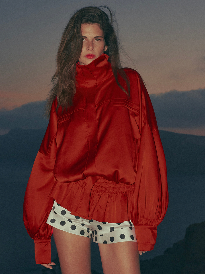 Silk Peplum Bomber Jacket (Red)