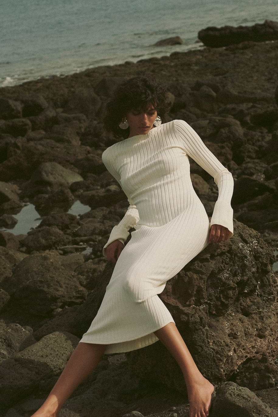 SAME | Cuffed Ribbed Knit Dress | Cream | Women's Knit Midi Dress M / Cream SAME | Cuffed Ribbed Knit Dress | Cream | Women's Knit Midi Dress M / Cream