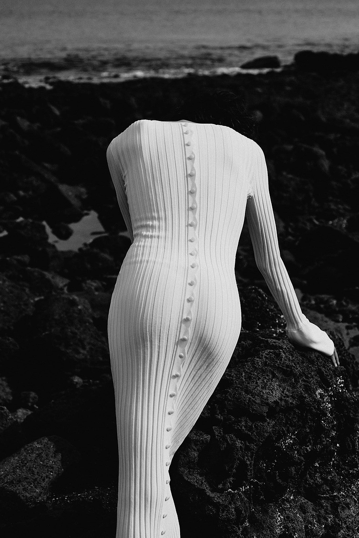 Cuffed Ribbed Knit Dress (Cream)