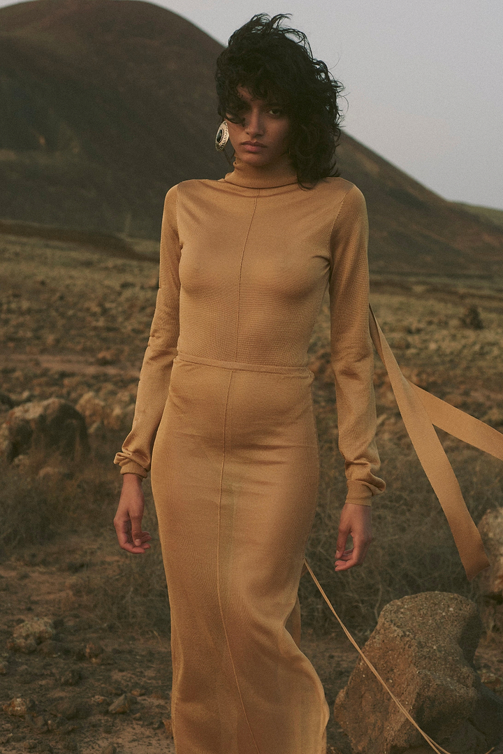 Ruched Knit Maxi Skirt (Gold)