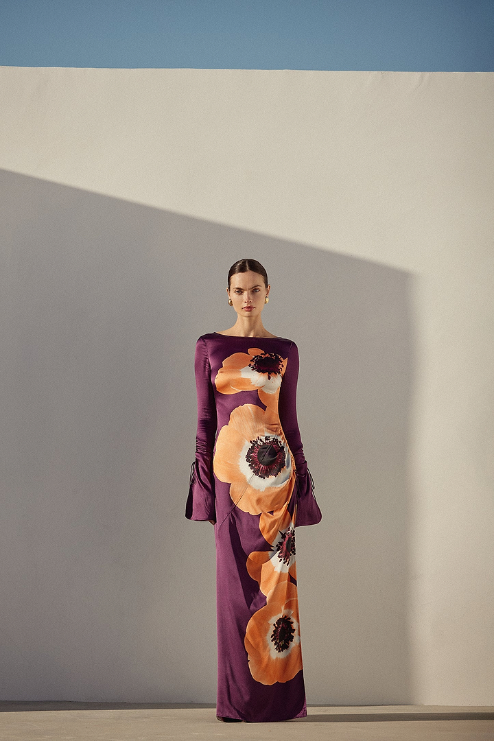 Silk Floral Gown (Purple/Peach)