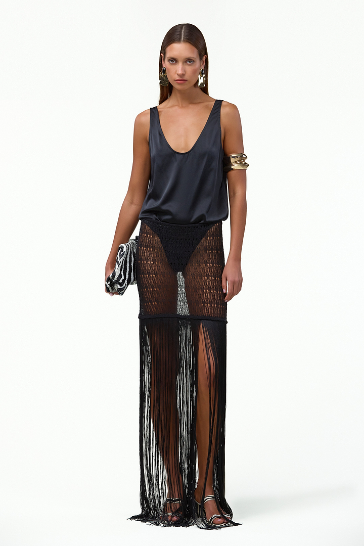 Fringe Knit Maxi Skirt (Black)