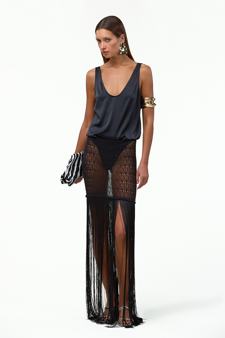 Fringe Knit Maxi Skirt (Black)