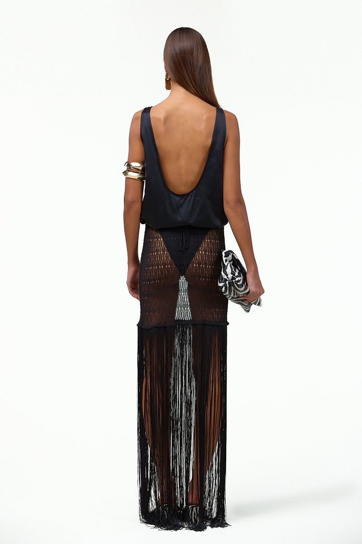 Fringe Knit Maxi Skirt (Black)