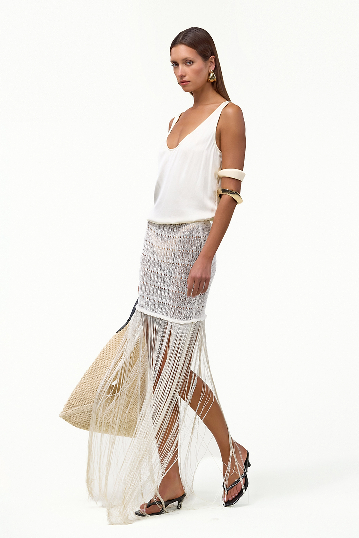 Fringe Knit Maxi Skirt (Cream)