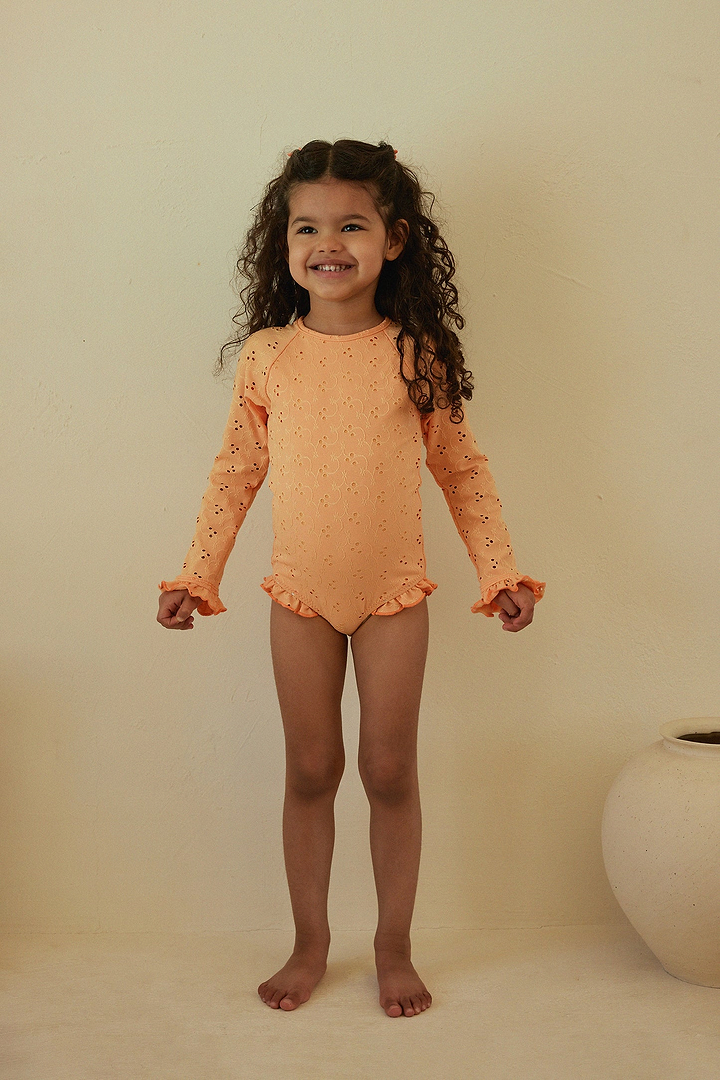 ruffle rashguard one piece (peach eyelet)
