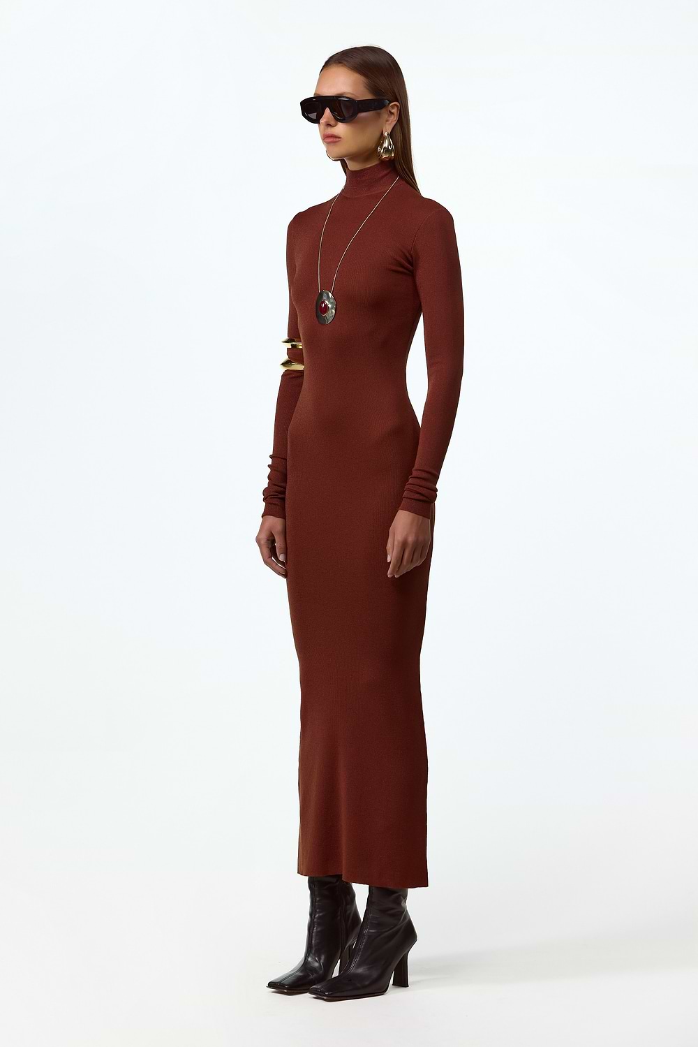 SAME | Cuffed Ribbed Knit Dress | Brown | Women's Knit Midi Dress S / Chocolate Brown SAME | Cuffed Ribbed Knit Dress | Brown | Women's Knit Midi Dress S / Chocolate Brown