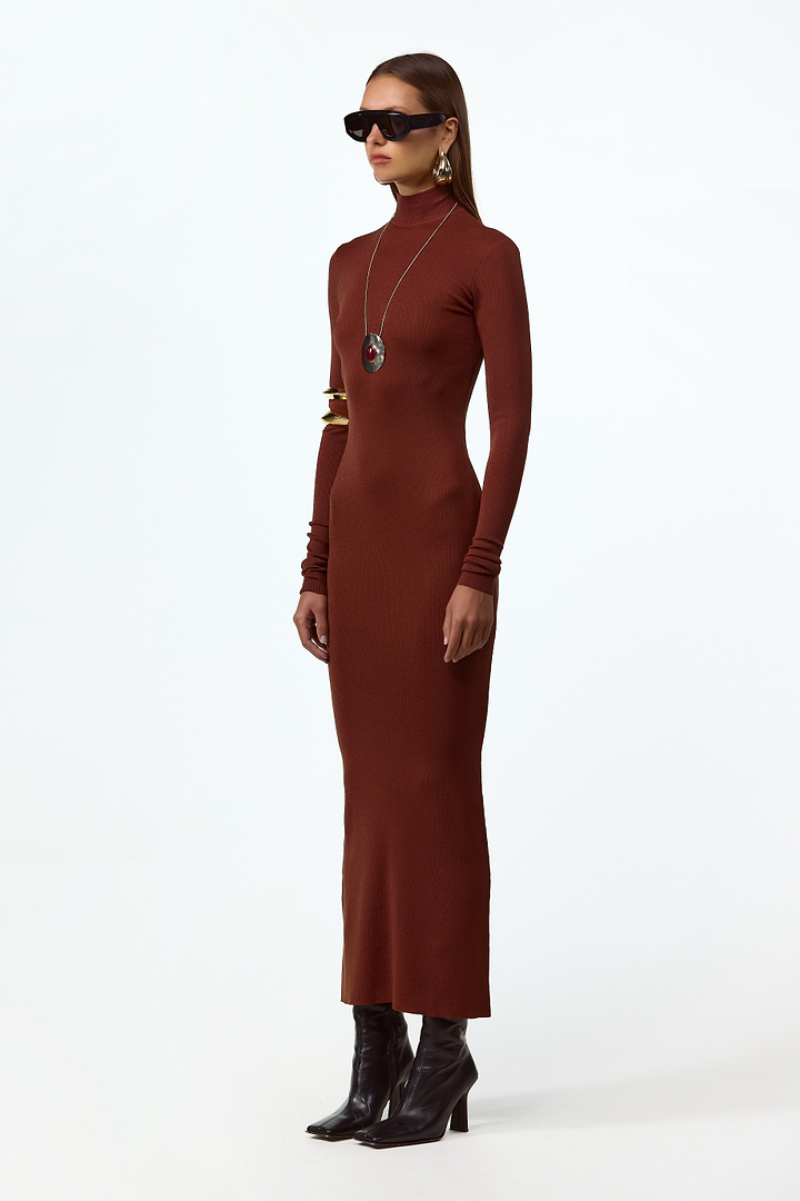 Shimmer Mockneck Dress (Rust)