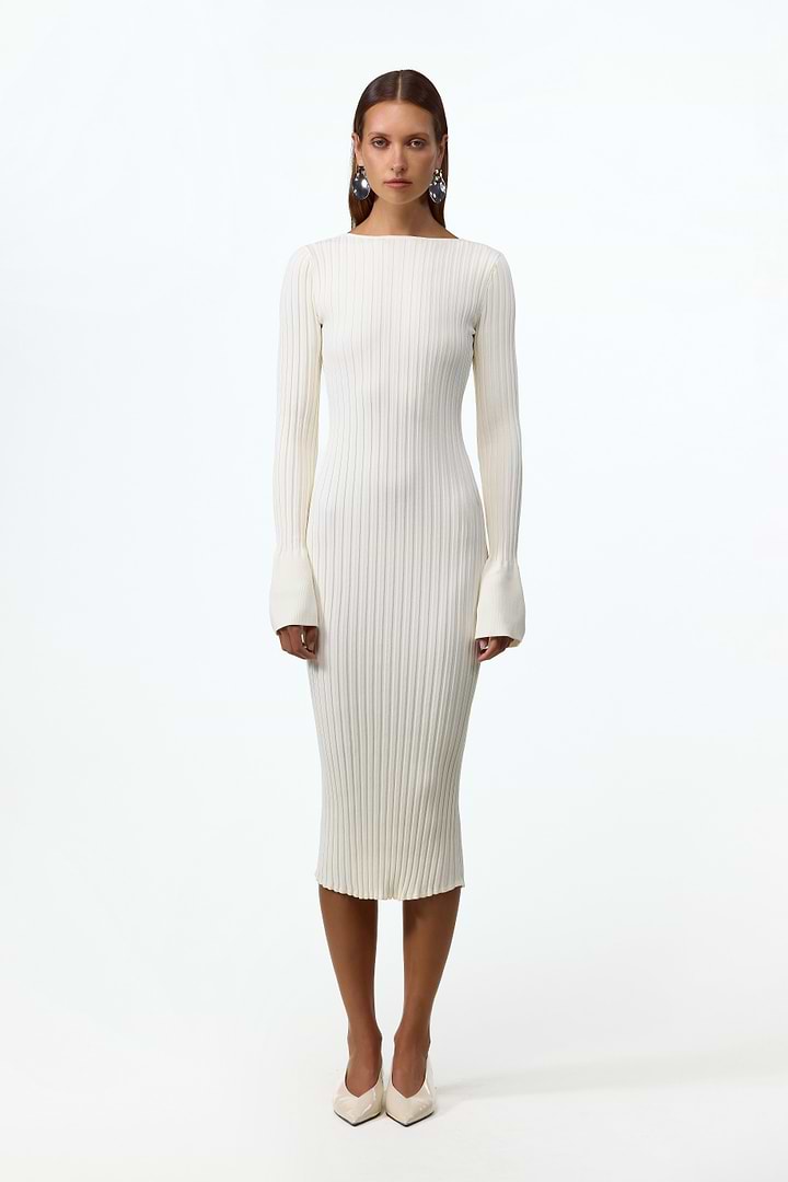 SAME | Cuffed Ribbed Knit Dress | Cream | Women's Knit Midi Dress M / Cream SAME | Cuffed Ribbed Knit Dress | Cream | Women's Knit Midi Dress M / Cream