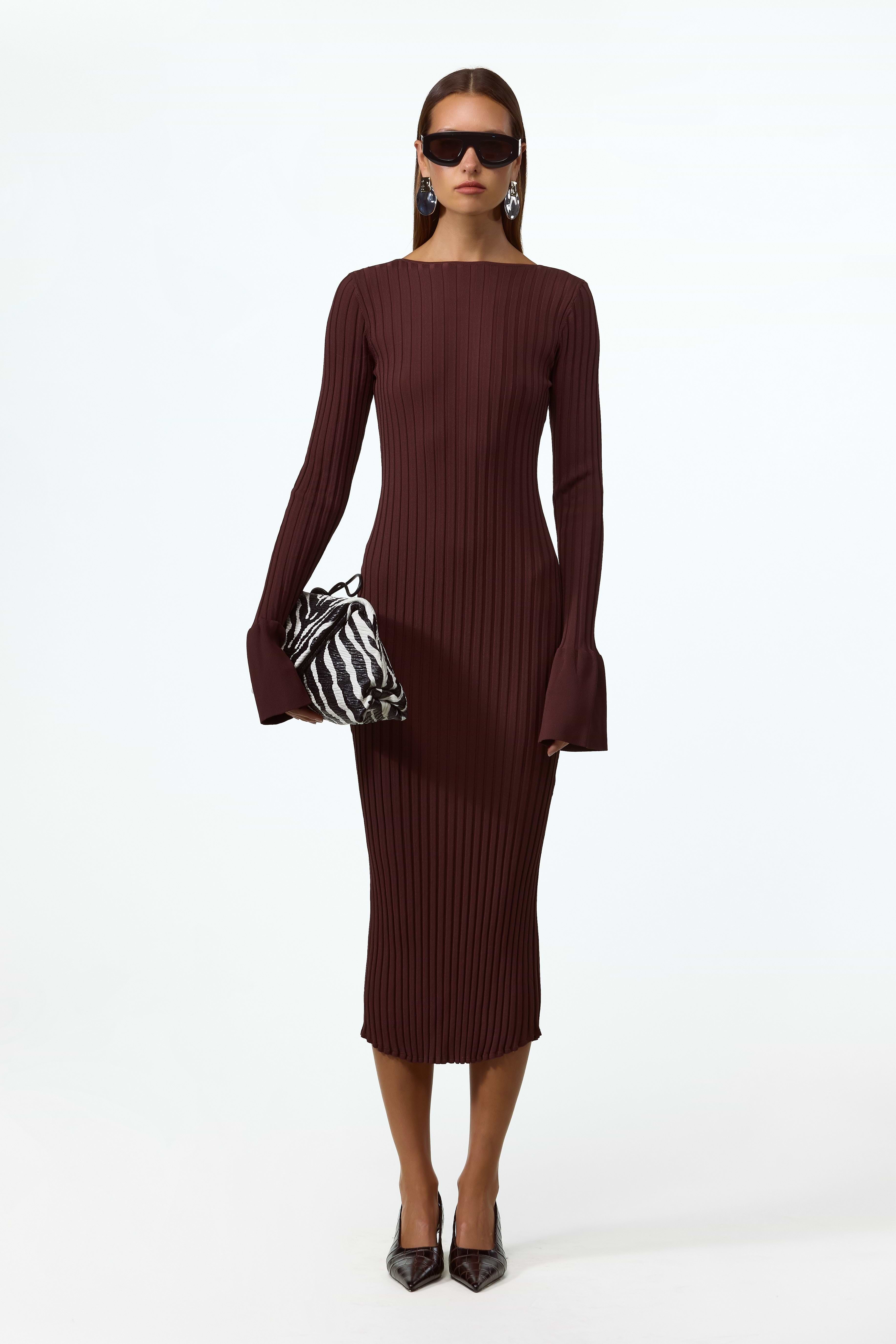 SAME | Cuffed Ribbed Knit Dress | Brown | Women's Knit Midi Dress