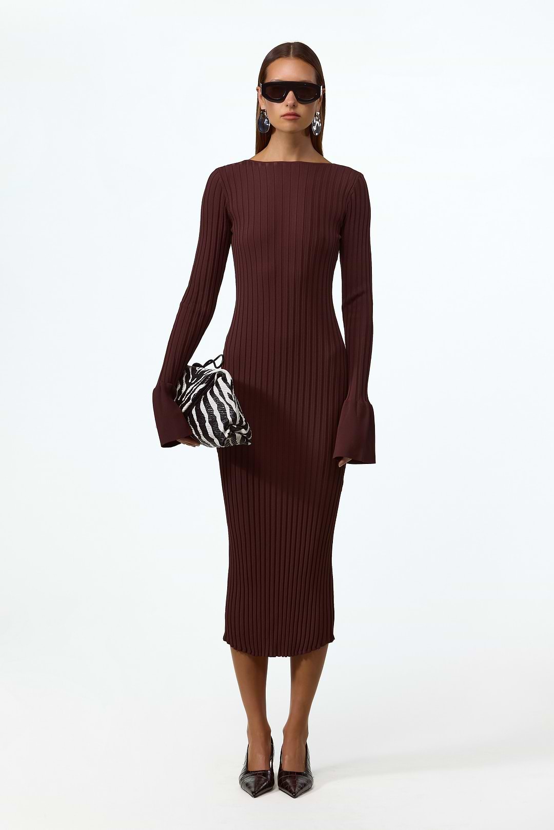 SAME | Cuffed Ribbed Knit Dress | Brown | Women's Knit Midi Dress S / Chocolate Brown SAME | Cuffed Ribbed Knit Dress | Brown | Women's Knit Midi Dress S / Chocolate Brown