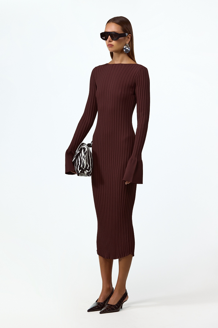 Cuffed Ribbed Knit Dress (Chocolate Brown)