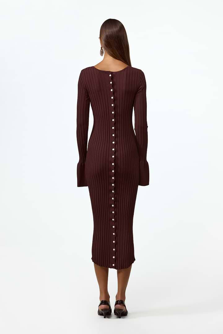 SAME | Cuffed Ribbed Knit Dress | Brown | Women's Knit Midi Dress S / Chocolate Brown SAME | Cuffed Ribbed Knit Dress | Brown | Women's Knit Midi Dress S / Chocolate Brown