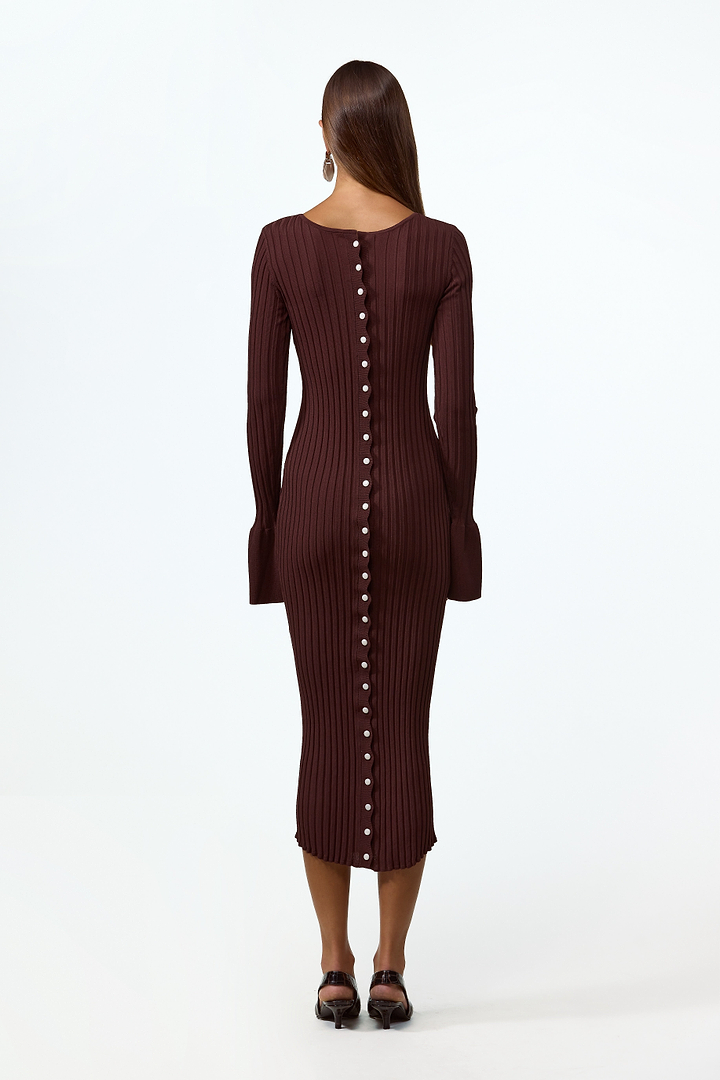 Cuffed Ribbed Knit Dress (Chocolate Brown)