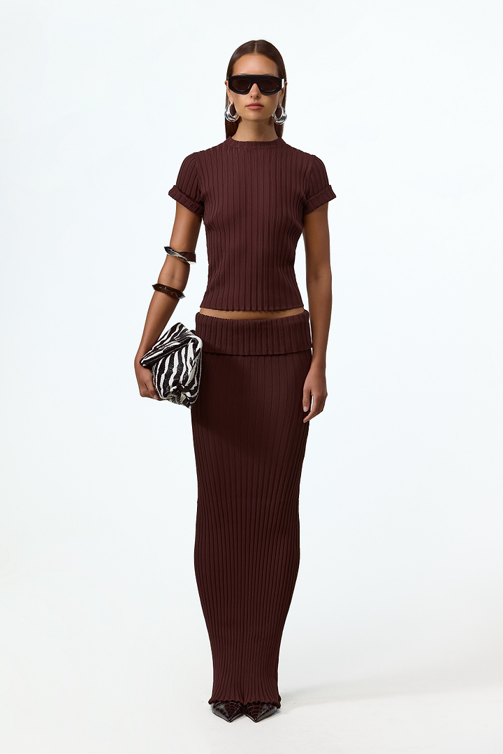 Ribbed Knit Maxi Skirt (Chocolate Brown)