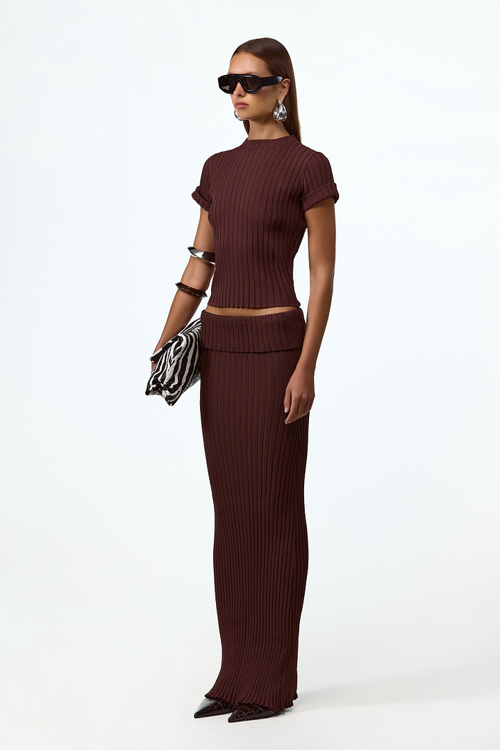 Ribbed Knit Maxi Skirt (Chocolate Brown)