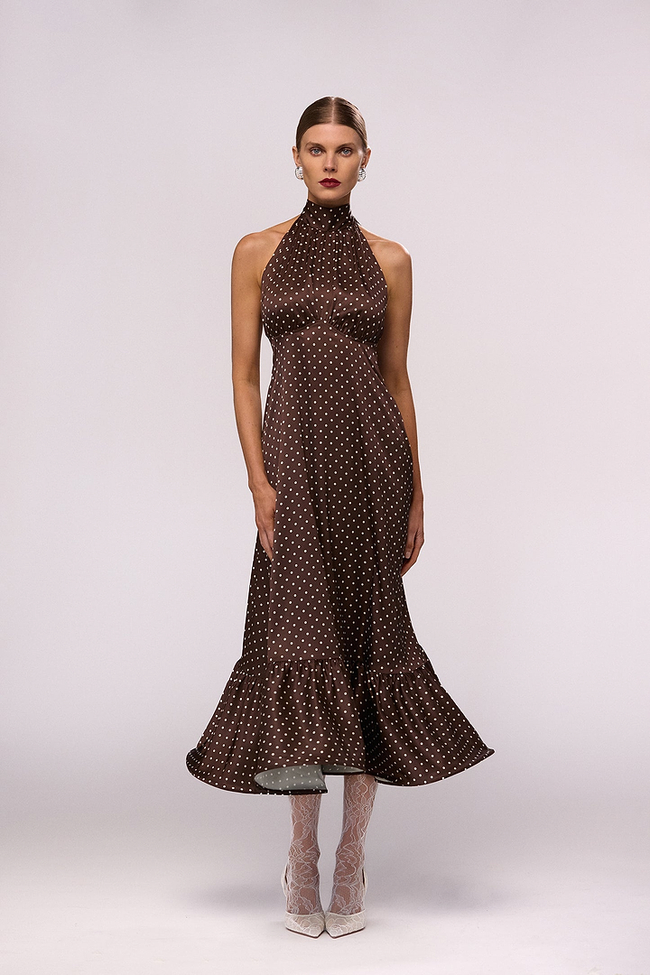 Halter Flounce Midi Dress (Brown Polka Dot)
