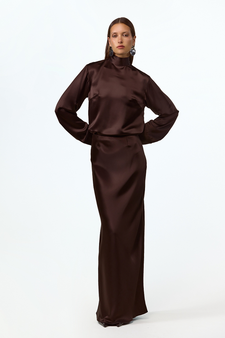 Satin Maxi Skirt (Chocolate Brown)