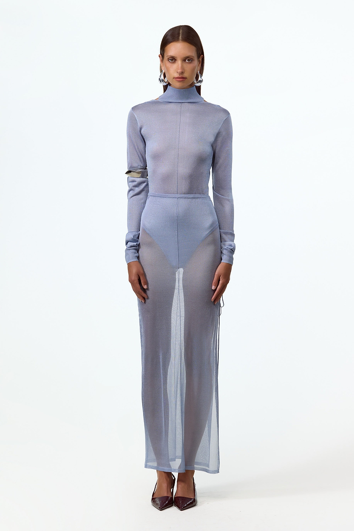 Ruched Knit Maxi Skirt (Light Blue)