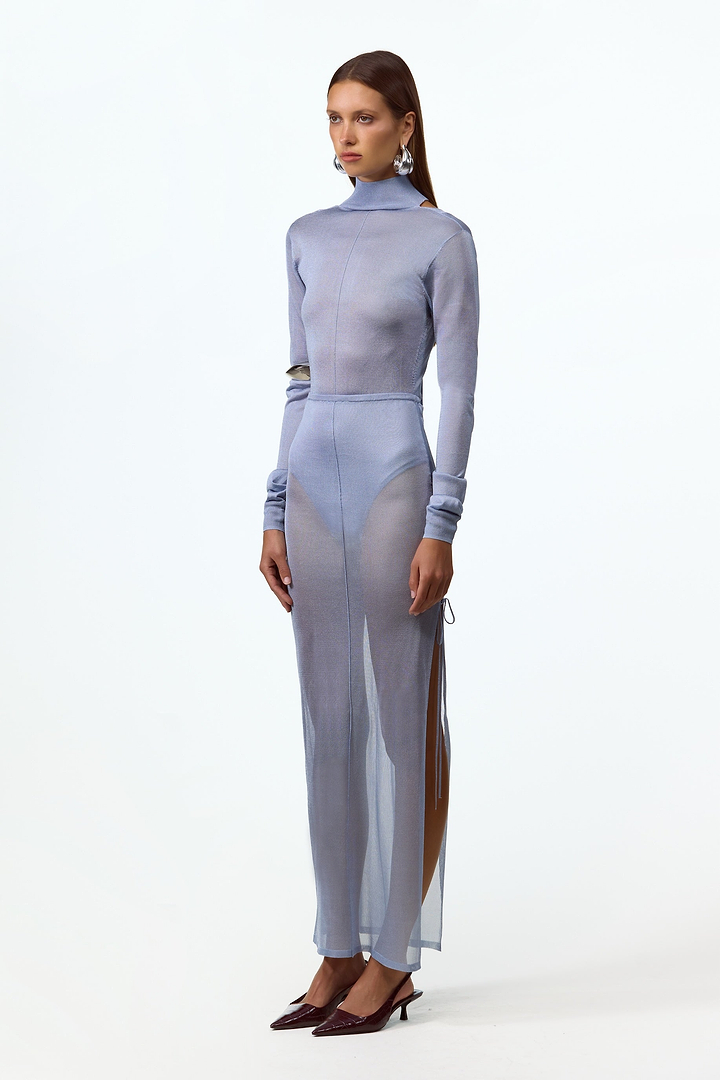 Ruched Knit Maxi Skirt (Light Blue)