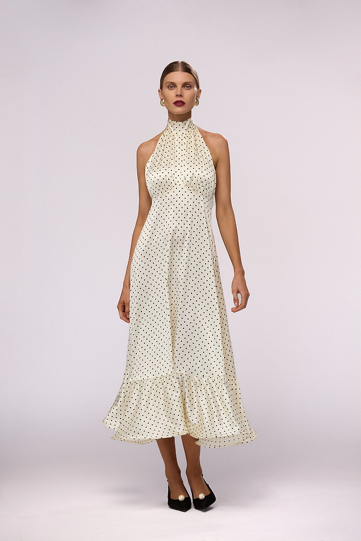 Halter Flounce Midi Dress (Cream Polka Dot)