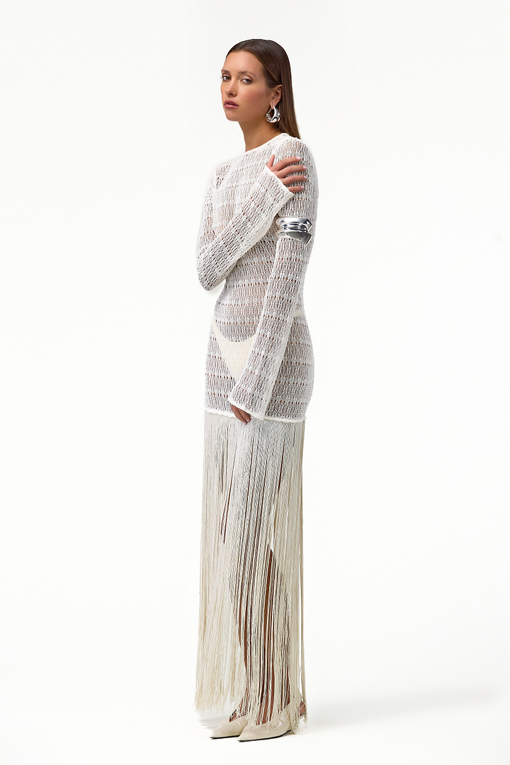 Long Sleeve Fringe Knit Maxi Dress (Cream)
