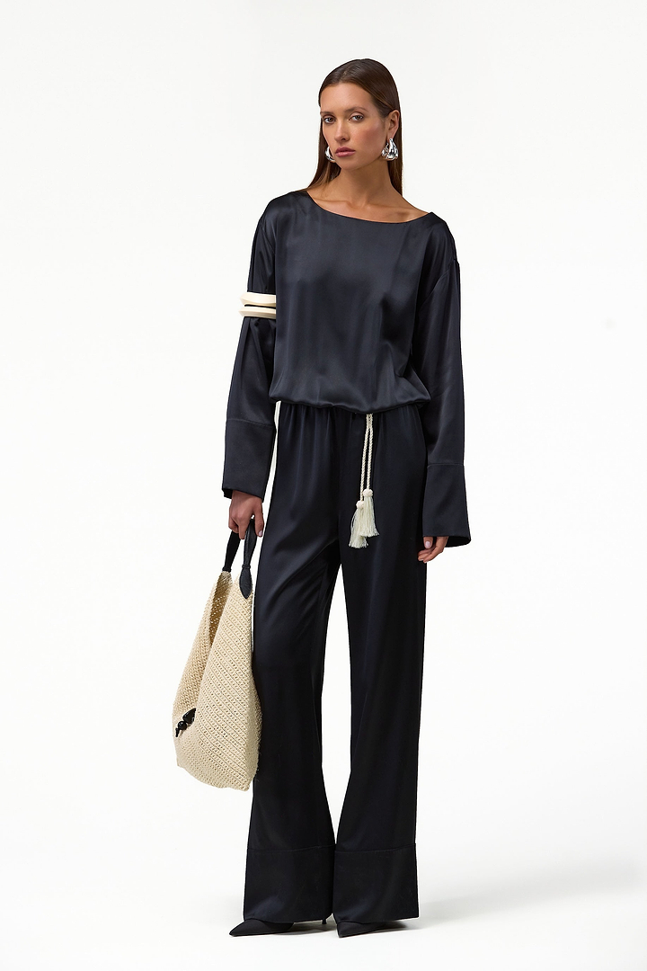 Long Sleeve Silk Jumpsuit (Black)