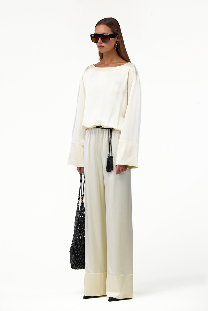 Long Sleeve Silk Jumpsuit (Cream)