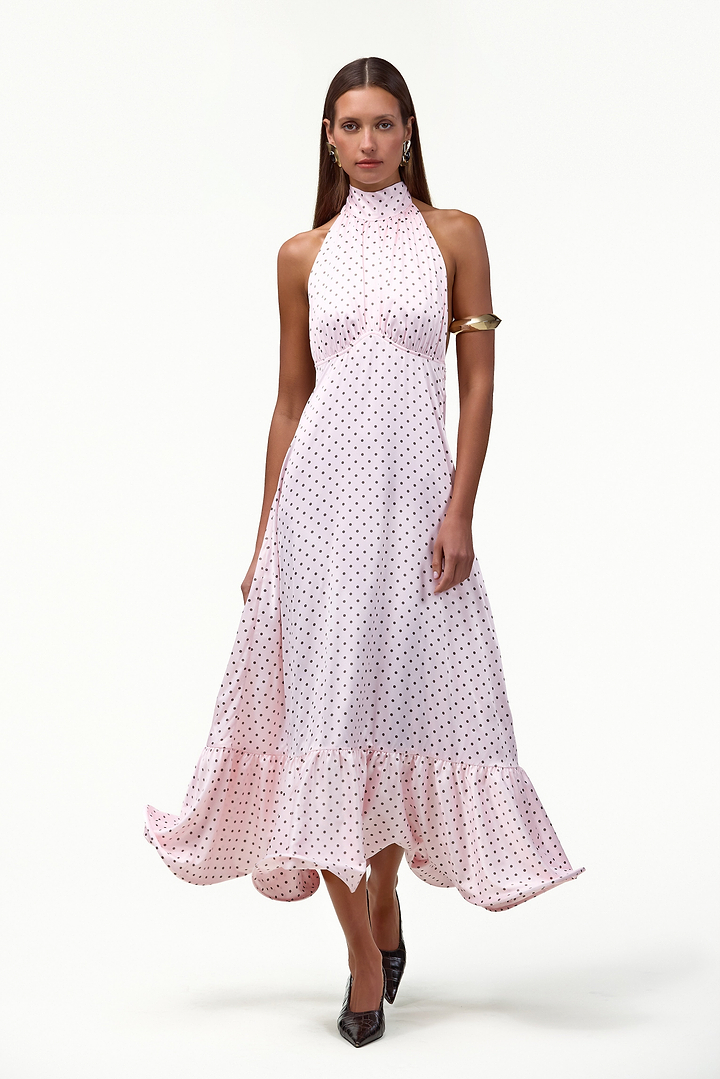 Halter Flounce Midi Dress (Pink Polka Dot)
