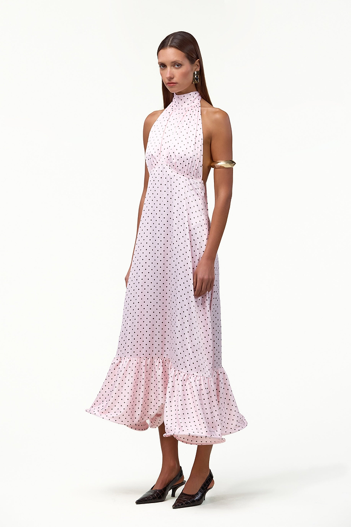Halter Flounce Midi Dress (Pink Polka Dot)