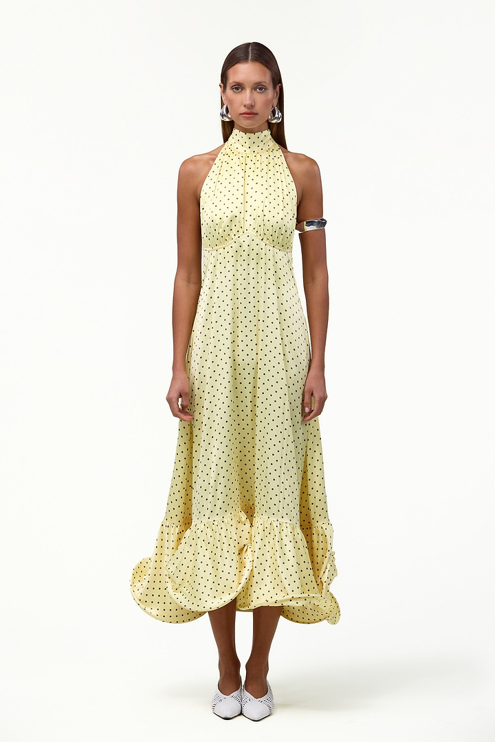 Halter Flounce Midi Dress (Yellow Polka Dot)