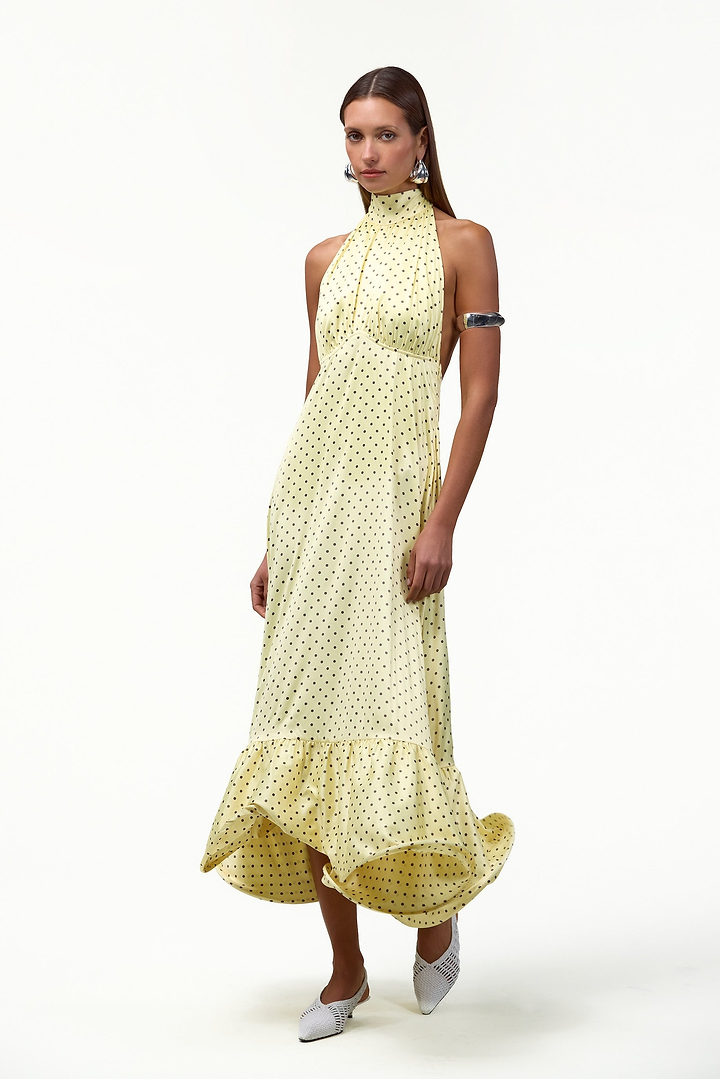 Halter Flounce Midi Dress (Yellow Polka Dot)