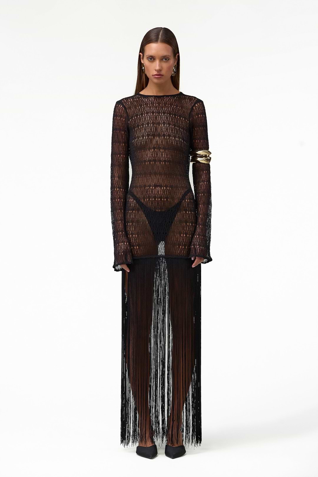 Long Sleeve Fringe Knit Maxi Dress (Black) Long Sleeve Fringe Knit Maxi Dress (Black)