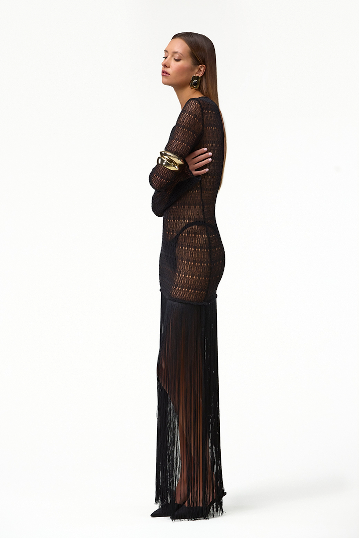 Long Sleeve Fringe Knit Maxi Dress (Black)