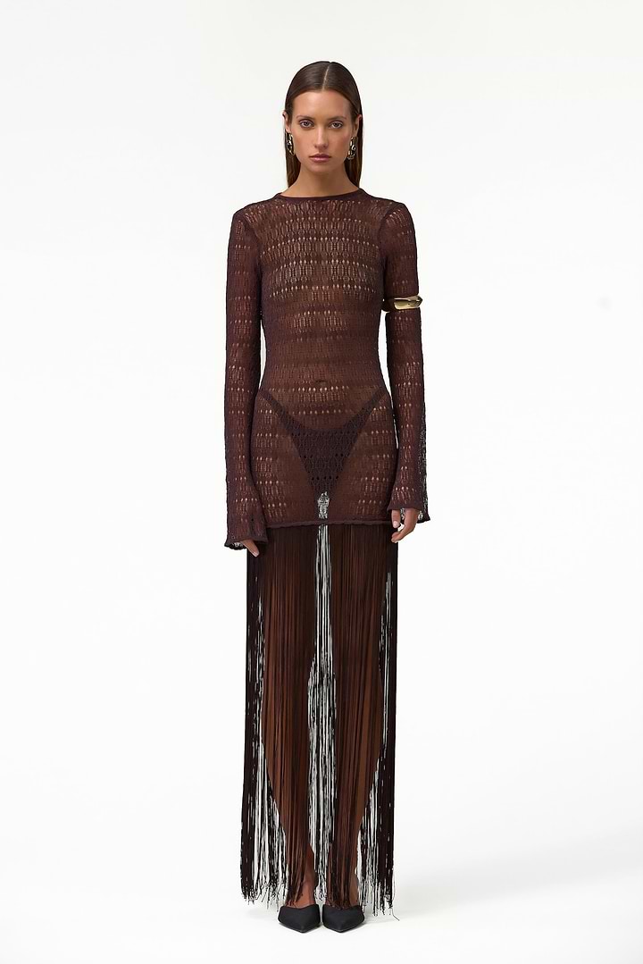 dress with long fringe SAME Long Sleeve Fringe Knit Maxi Dress | Chocolate Brown