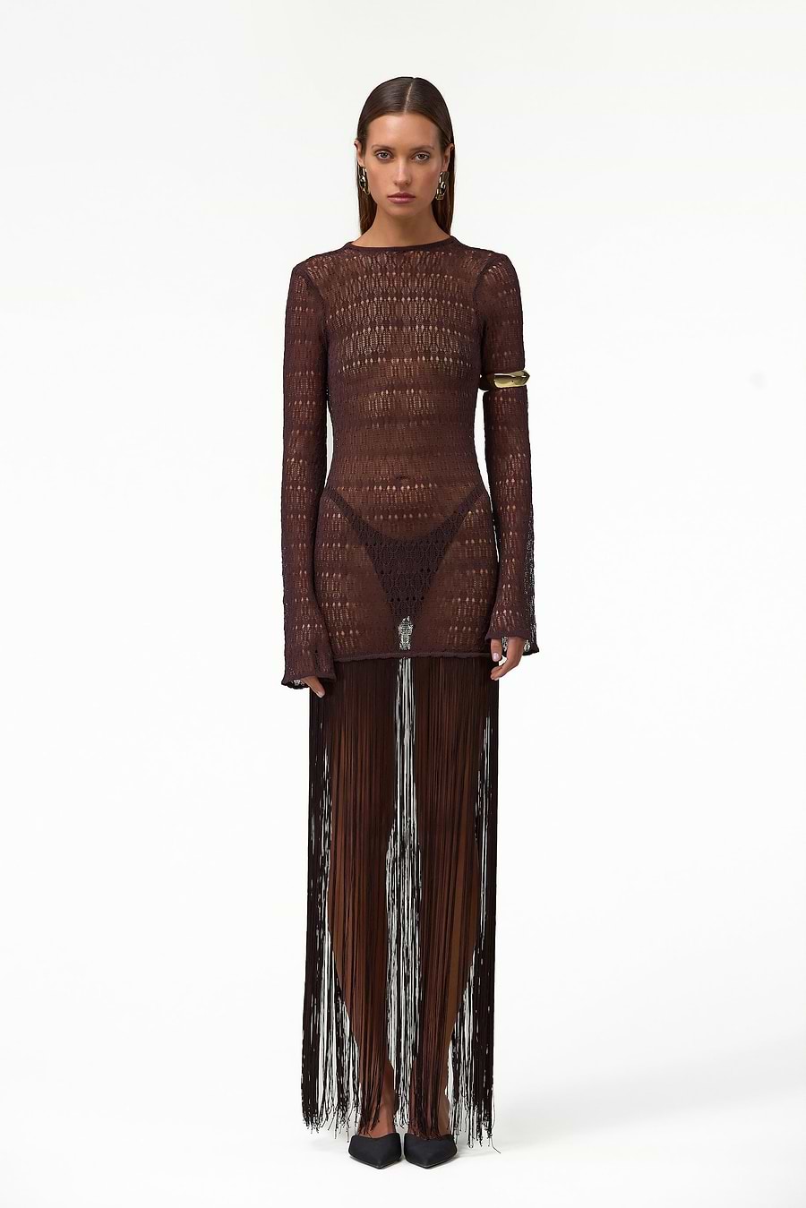 Long Sleeve Fringe Knit Maxi Dress