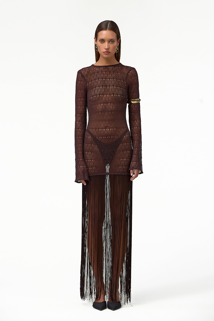 Long Sleeve Fringe Knit Maxi Dress (Chocolate Brown)
