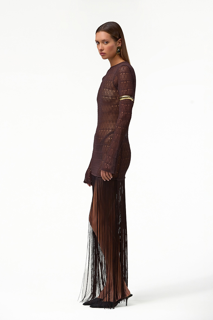 Long Sleeve Fringe Knit Maxi Dress (Chocolate Brown)