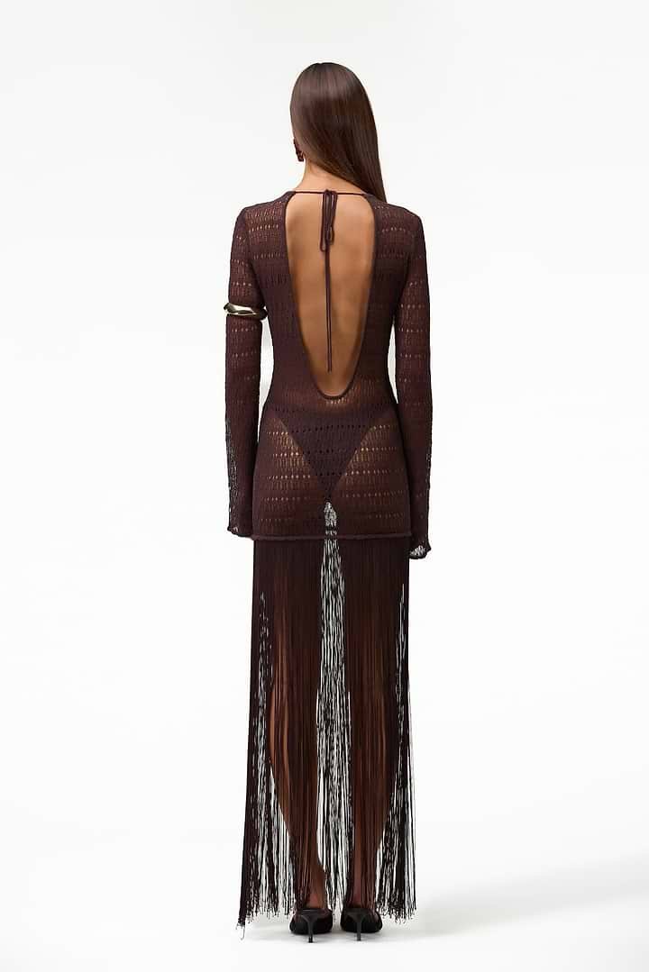 SAME Long Sleeve Fringe Knit Maxi Dress | Chocolate Brown | Women's Dress SAME Long Sleeve Fringe Knit Maxi Dress | Chocolate Brown | Women's Dress