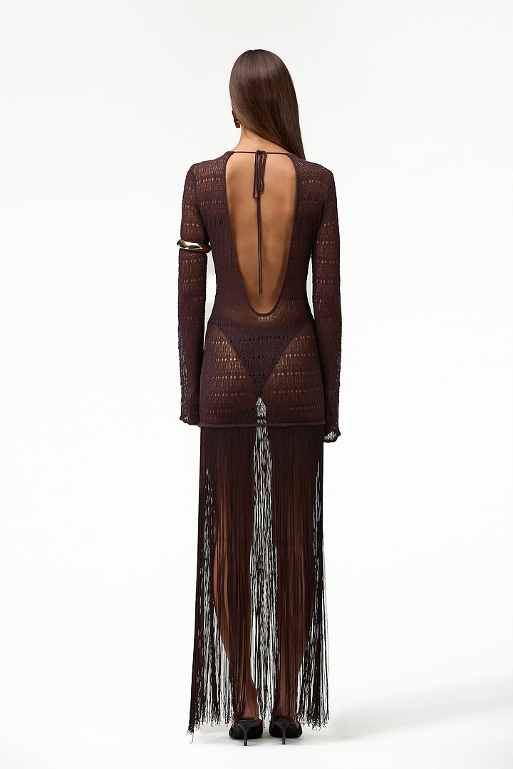 Long Sleeve Fringe Knit Maxi Dress (Chocolate Brown)