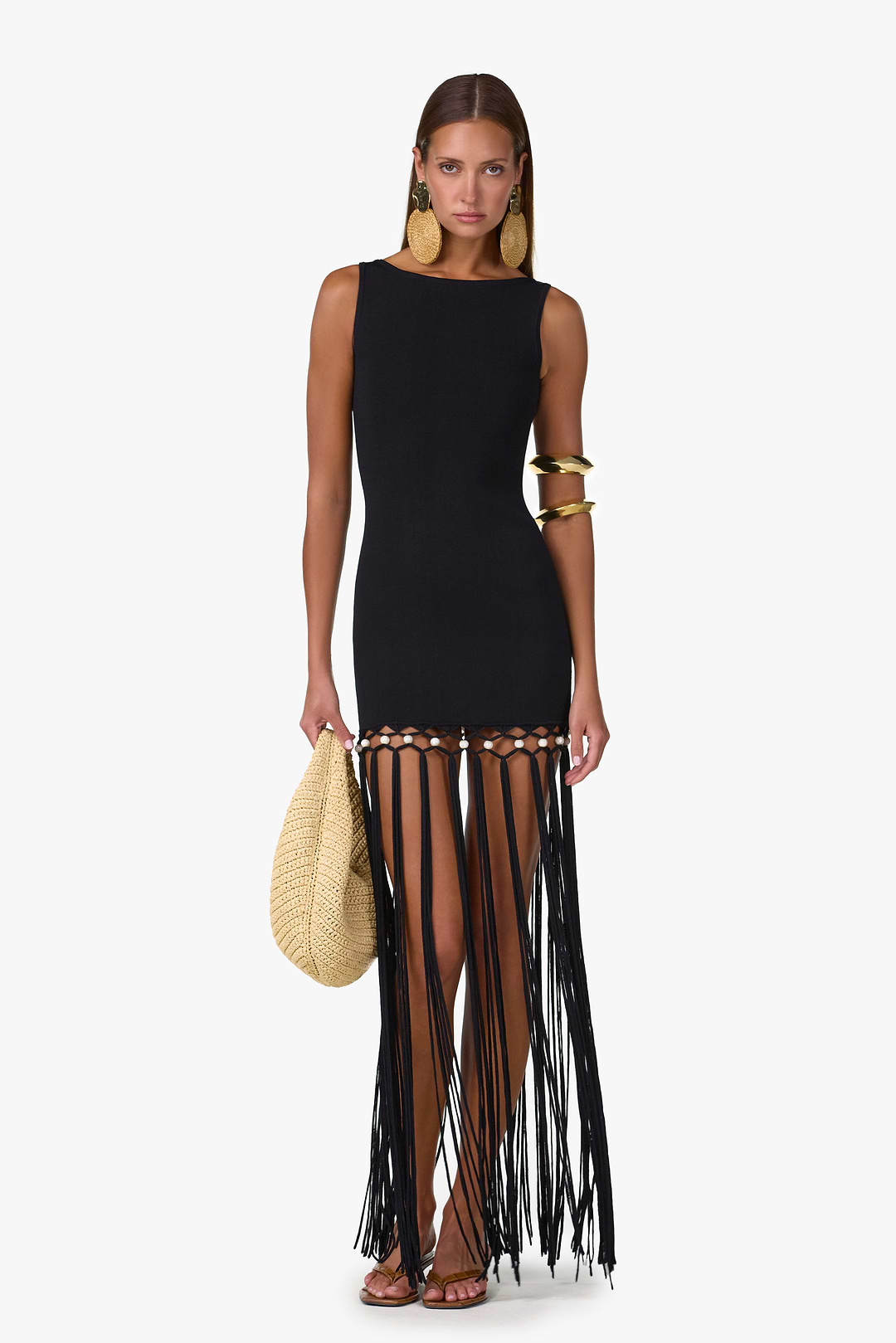 black beaded fringe dress Primavera Beaded-Fringe Long Prom Dress 4111 Black / 000