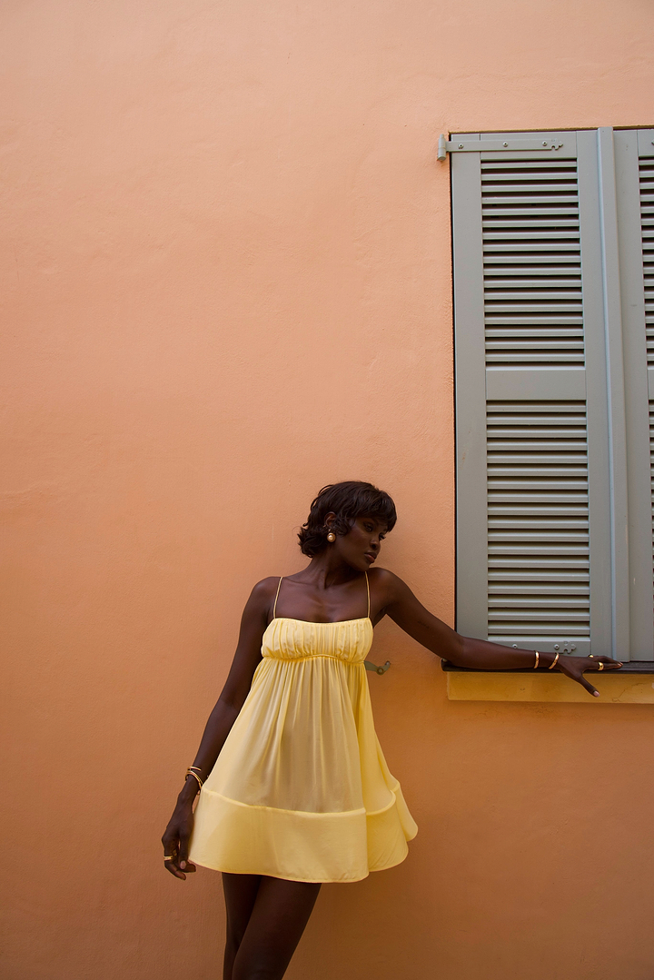 Ruched Flounce Mini Dress (Butter Yellow)