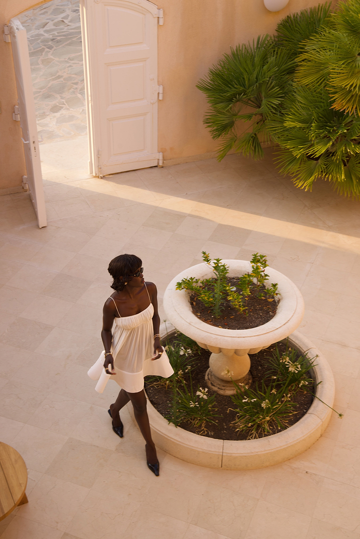 Ruched Flounce Mini Dress (White)