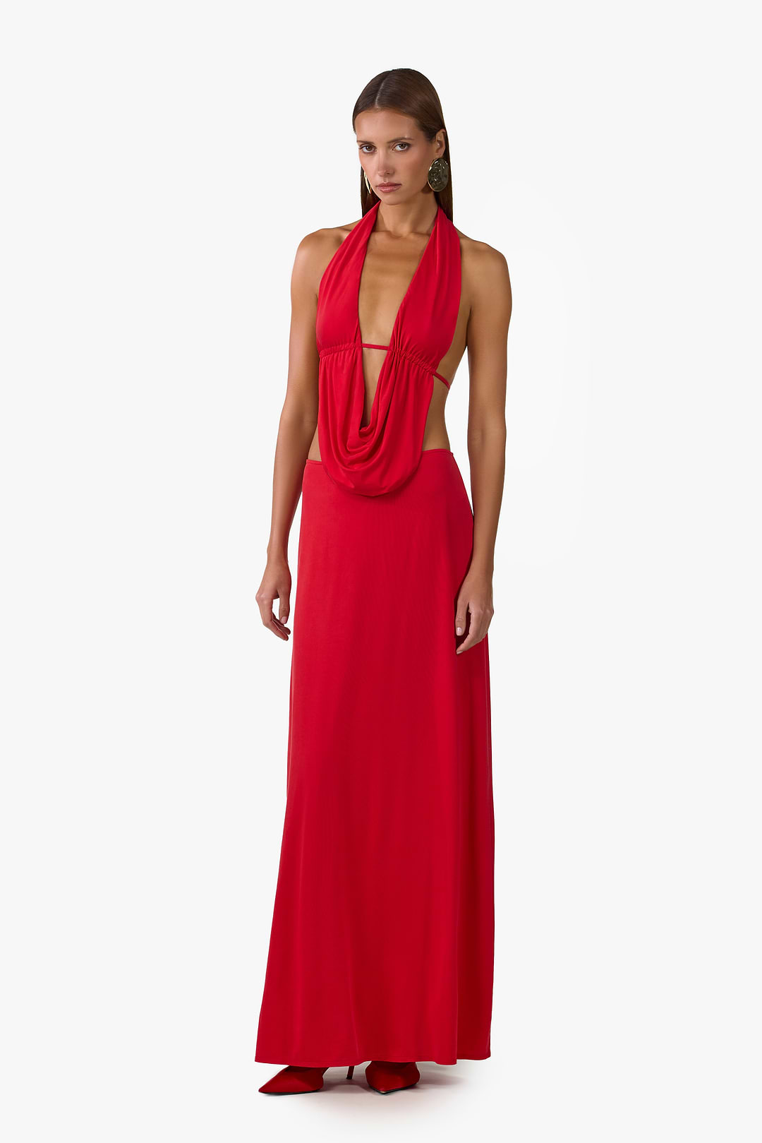 red silk plunge dress Red Silk Maxi Dress Boho Ahimsa Gown Open Back Halter Slip Elegant Evening Dress