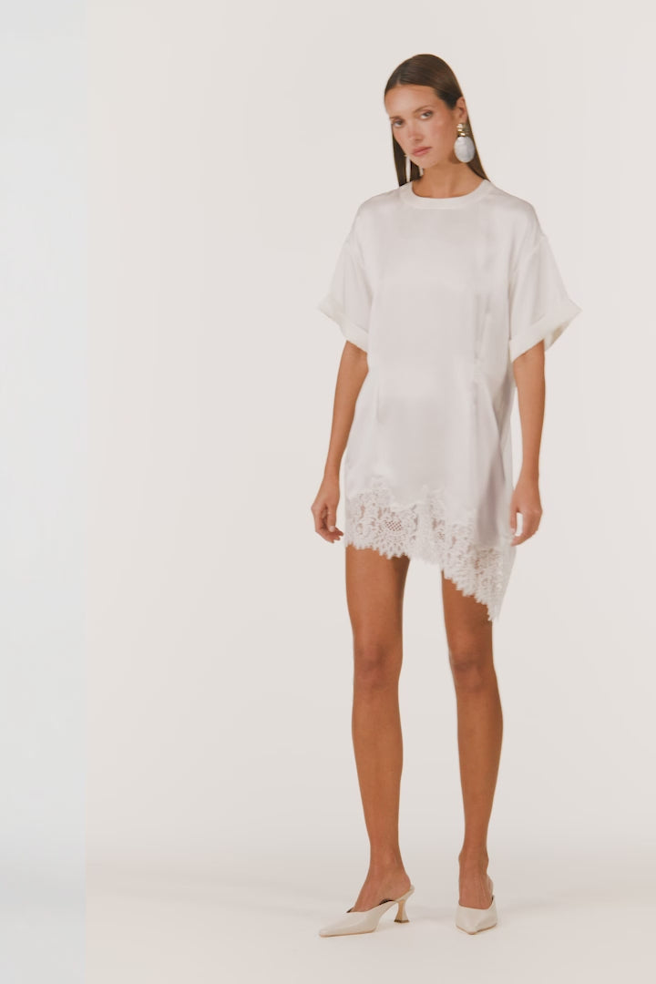 Lace Silk Asymmetrical Dress (Cream)