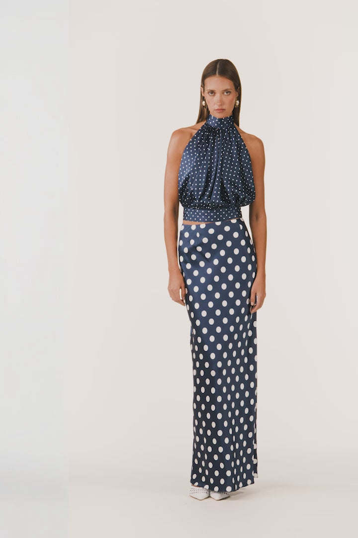 Silk Maxi Skirt (Navy Polka Dot)