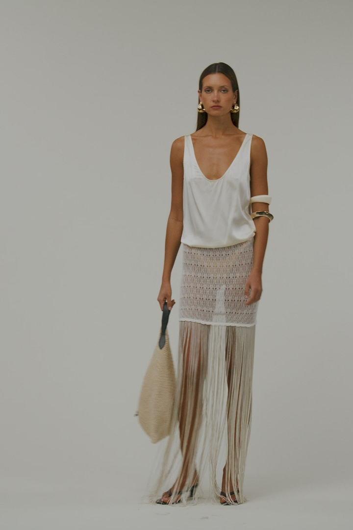 Fringe Knit Maxi Skirt (Cream)